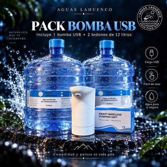 KIT DE BIENVENIDA BOMBA USB + 2 BIDONES 12 LITROS AGUA PURIFICADA