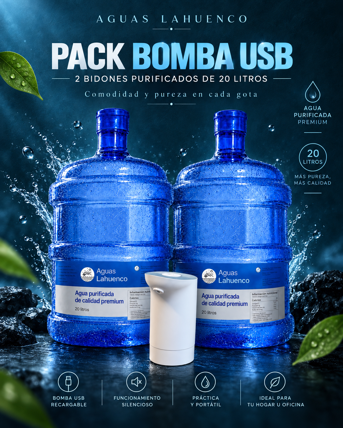 KIT DE BIENVENIDA BOMBA USB + 2 BIDONES 20 LITROS AGUA PURIFICADA