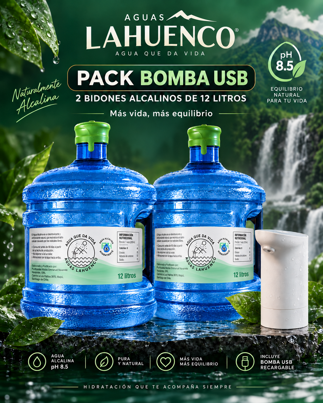 KIT DE BIENVENIDA BOMBA USB + 2 BIDONES 12 LITROS AGUA ALCALINA