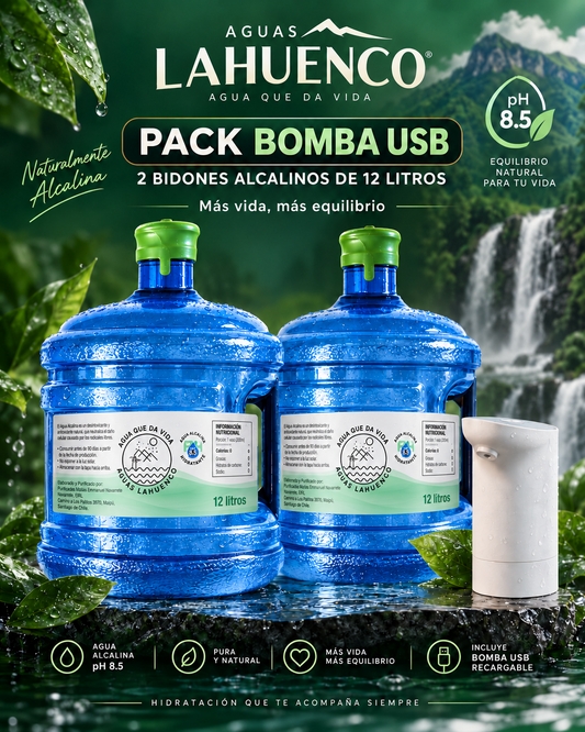 KIT DE BIENVENIDA BOMBA USB + 2 BIDONES 12 LITROS AGUA ALCALINA