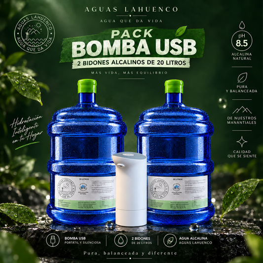 KIT DE BIENVENIDA BOMBA USB + 2 BIDONES 20 LITROS AGUA ALCALINA
