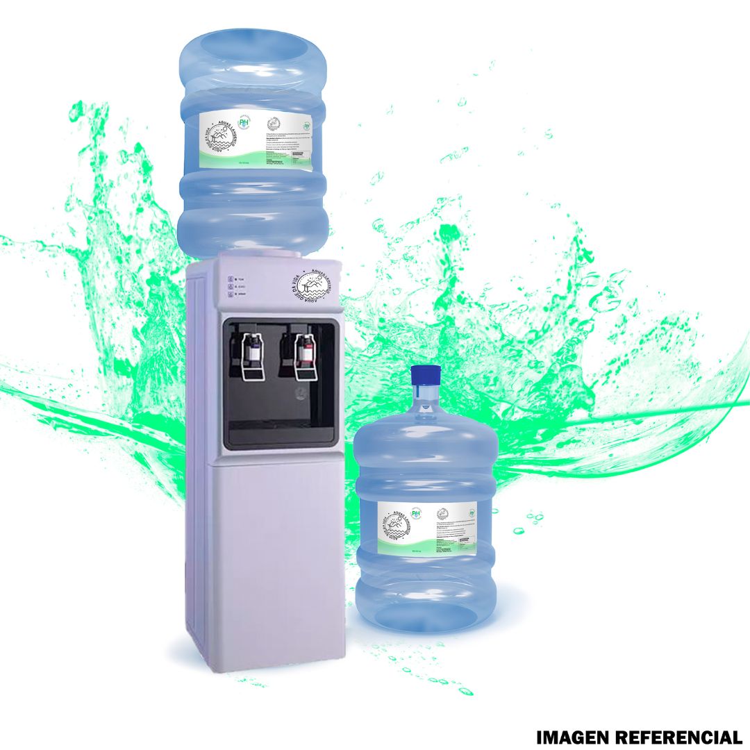 KIT DE BIENVENIDA DISPENSADOR ELÉCTRICO DE PEDESTAL CON COMPRESOR + 2 BIDONES 20 LITROS AGUA ALCALINA